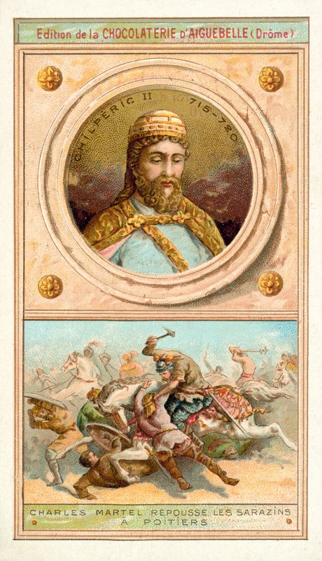 Chilperic II, og Charles Martel besejrede maurerne ved Poitiers, 732 (chromolitho) af French School
