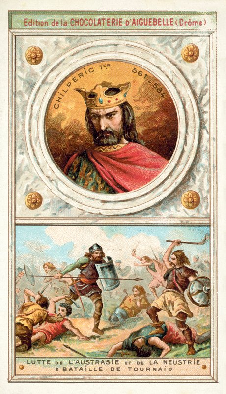 Chilperic I og kampen mellem Austrasien og Neustrien i slaget ved Tournai, 6. århundrede (chromolitho) af French School