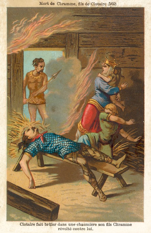 Chlothar I, frankernes konge, brændte sin oprørske søn Chram og hans familie ihjel, 560 (chromolitho) af French School