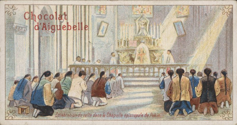 Kristne tilbedende i det biskoppelige kapel i Beijing (chromolitho) af French School