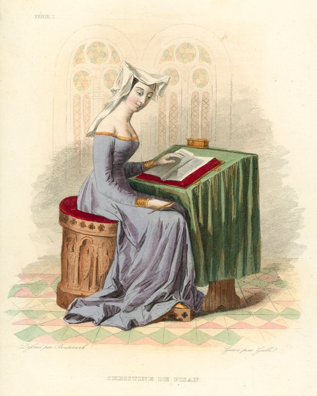 Christine de Pisan (farvet gravering) af French School