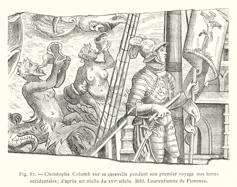 Christopher Columbus på sin karavel under sin første rejse til vestlige lande; efter en niello fra det 16. århundrede, Bibl Laurentienne de Florence (stik) af French School