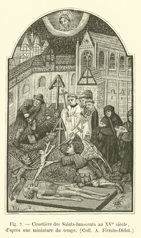 Cemetery of the Saints-Innocents i det 15. århundrede, fra en miniature af tiden, Coll A Firmin-Didot af French School