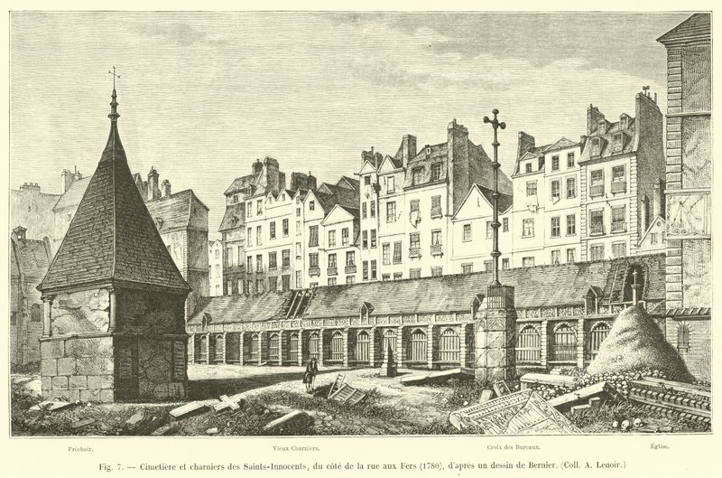 Kirkegård og massegrave for Saints-Innocents, på rue aux Fers-siden, 1780, efter en tegning af Bernier, Coll A Lenoir af French School