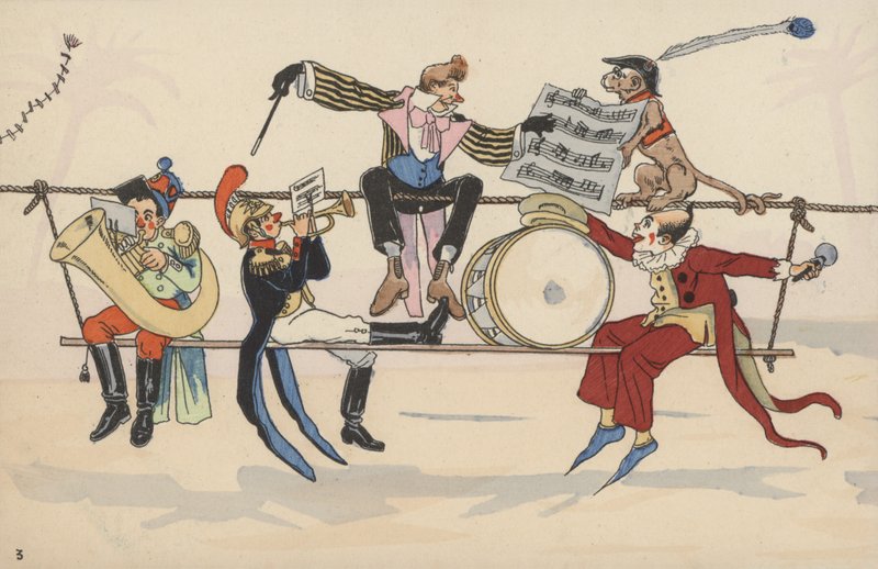 Cirkusscene, fra et sæt sammenhængende postkort (farve litho) af French School