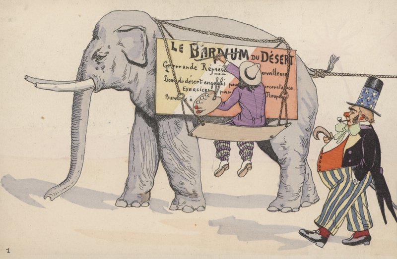 Cirkusscene, fra et sæt sammenhængende postkort (farve litho) af French School