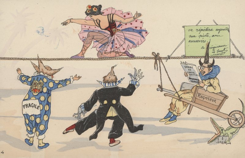 Cirkusscene, fra et sæt sammenhængende postkort (farve litho) af French School