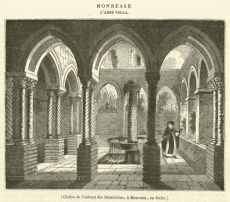 Klosteret i Benediktinerklosteret, i Monreale, Sicilien (gravering) af French School