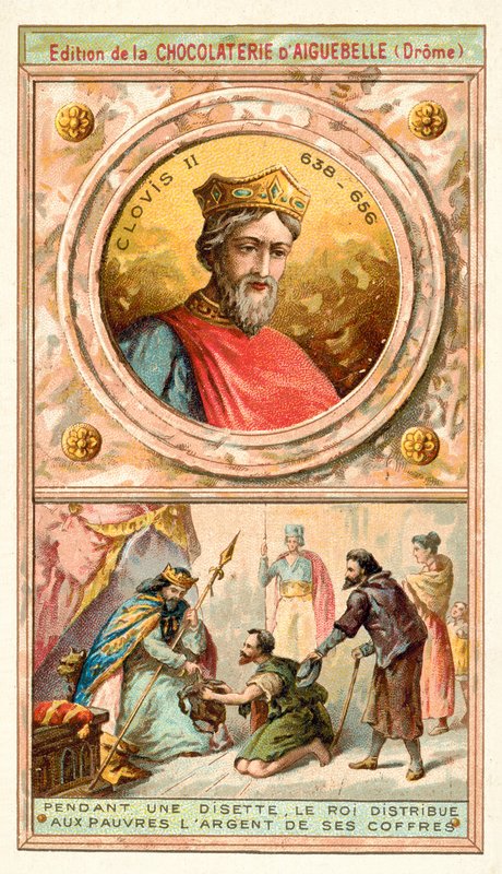 Clovis II giver penge fra sine pengekasser til de fattige i en tid med nød, 7. århundrede (chromolitho) af French School