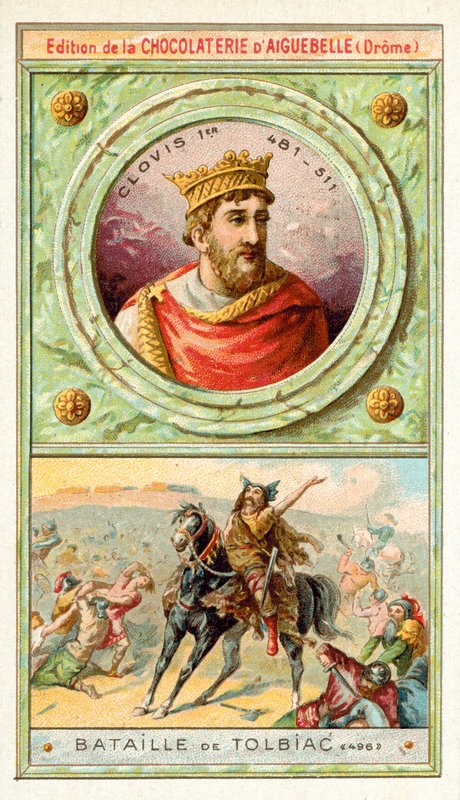 Clovis I i slaget ved Tolbiac, 496 (chromolitho) af French School