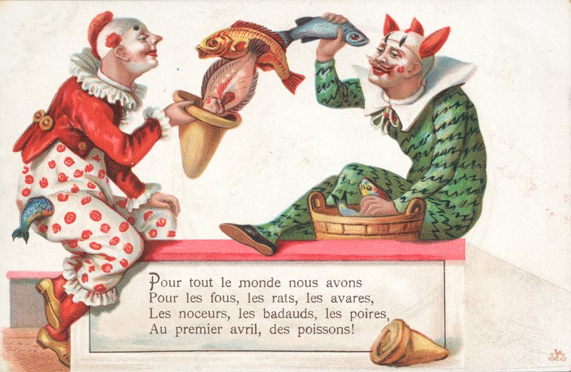 Klovne jonglerer med fisk til 1. april af French School