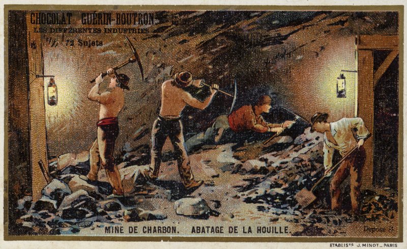 Kulmine. Udhugning af kul ved kulfladen (chromolitho) af French School