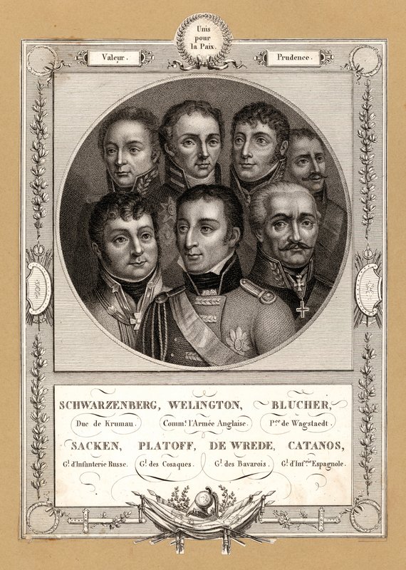 Koalitionens militære chefer for Napoleonskrigene: Fabian Gottlieb von der Osten-Sacken, russisk general for infanteri; Matvei Platov, russisk general med kommando over Don-kosakkerne; Karl Philipp von Wrede, bayersk general; Francisco Javier Castanos, Sp af French School