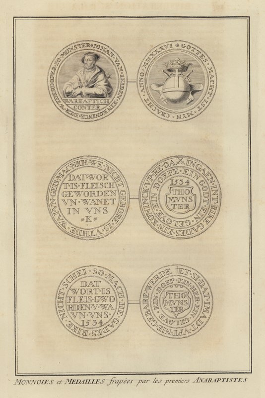 Mønter og medaljer slået af de første anabaptister (gravering) af French School