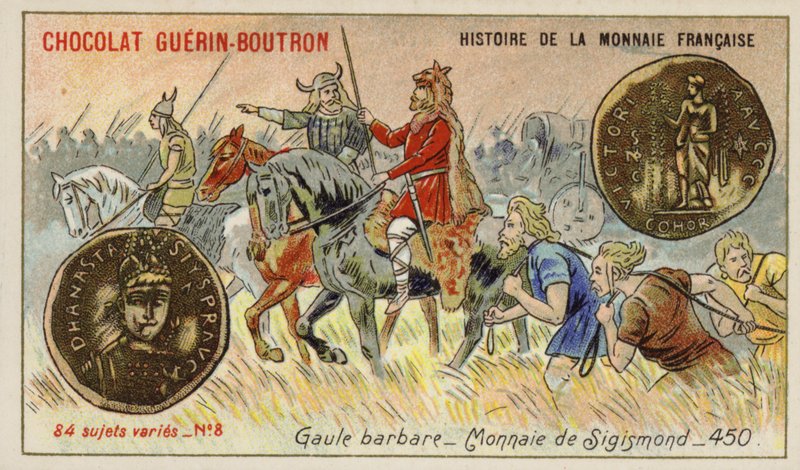 Mønter fra Sigismond, Barbarian Gallien, 450 (chromolitho) af French School