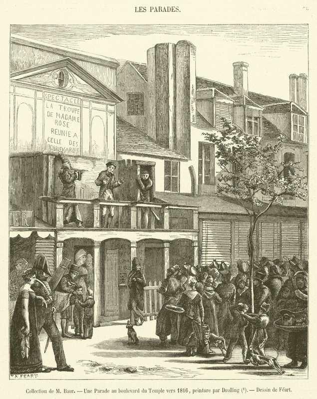 Samling af Mme Baur, En parade på Boulevard du Temple omkring 1816 (gravering) af French School