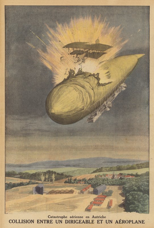 Kollision mellem et luftskib og et fly i Østrig (farve litho) af French School