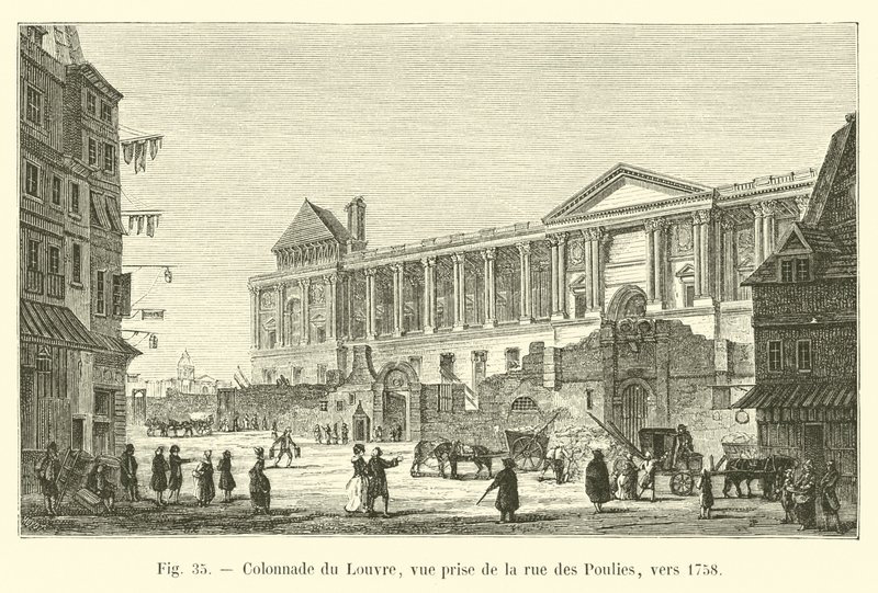 Louvres søjlegang, udsigt taget fra rue des Poulies, omkring 1758 af French School