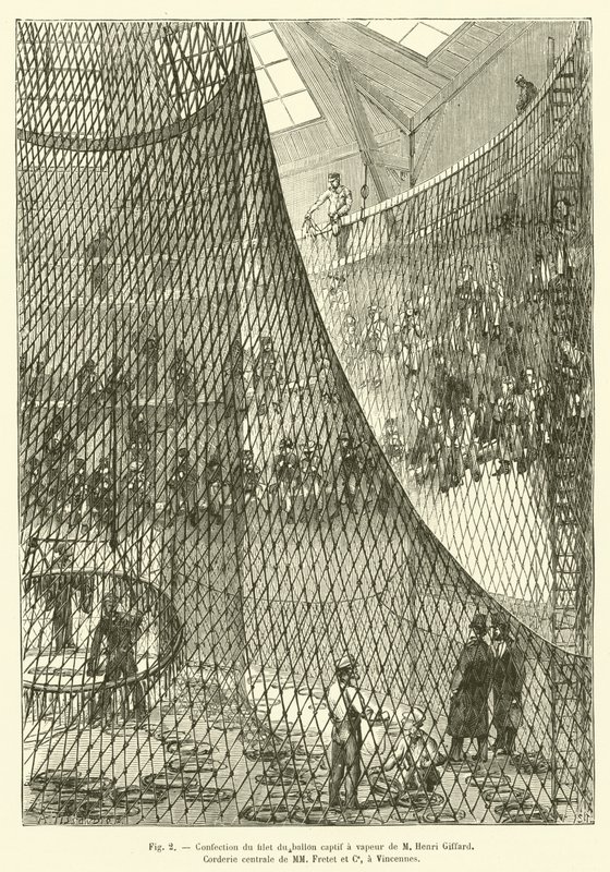 Fremstilling af nettet til den fangede dampballon af M Henri Giffard, Corderie centrale af MM Fretet et Ce, i Vincennes (gravering) af French School