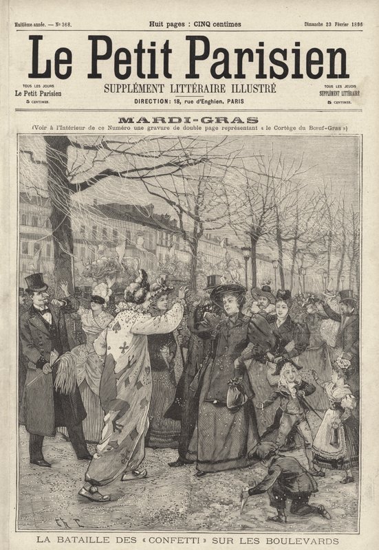 Konfettikamp på boulevarderne i Paris på Mardi Gras (gravering) af French School