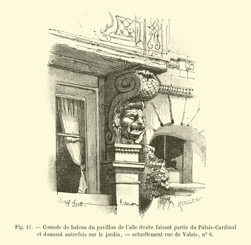 Balkonkonsol på pavillonen i højre fløj, en del af Palais-Cardinal og tidligere med udsigt over haven, i øjeblikket rue de Valois, nr. 6 af French School