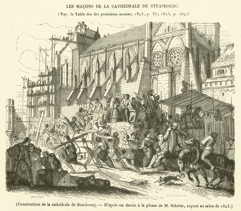 Opførelse af Strasbourg-katedralen (gravering) af French School