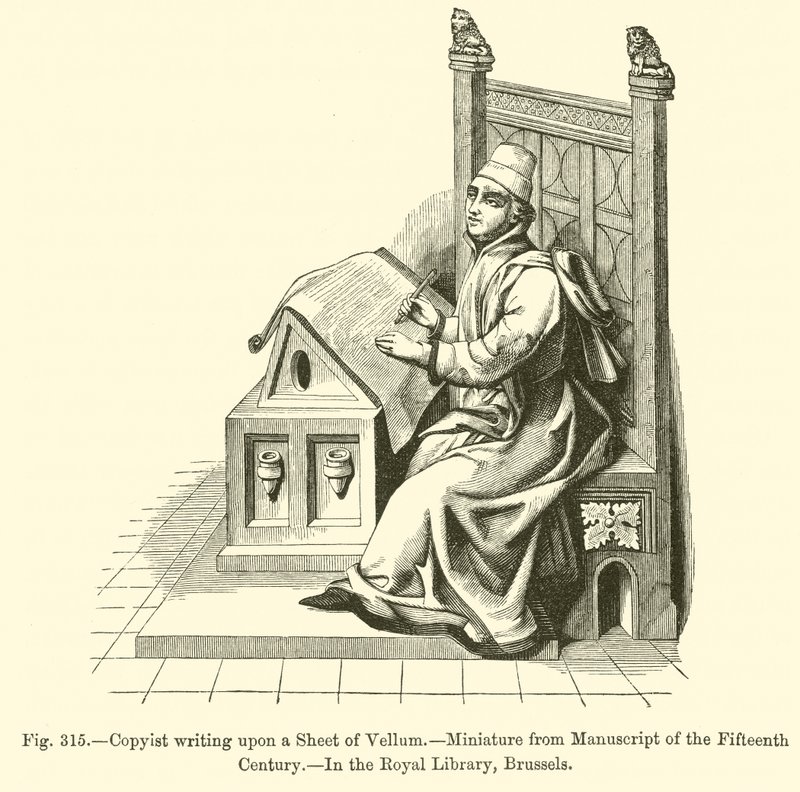 Kopist skriver på et ark vellum (gravering) af French School