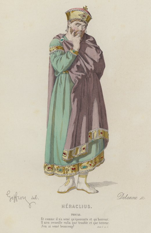 Corneille, Heraclius, Akt I, Sc I (farvet gravering) af French School