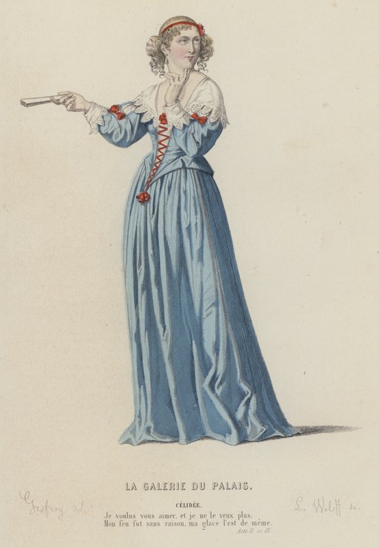 Corneille, La Galerie Du Palais, akt II, Sc IX (farvet gravering) af French School