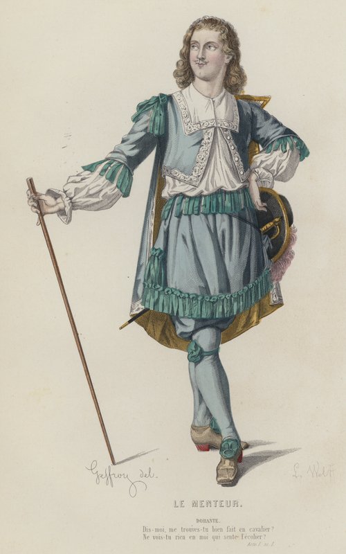 Corneille, The Liar, Act I, Sc I (farvet gravering) af French School
