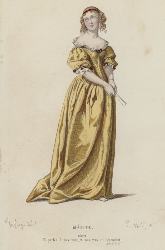 Corneille, Melite, Akt V, Sc IV (farvet gravering) af French School