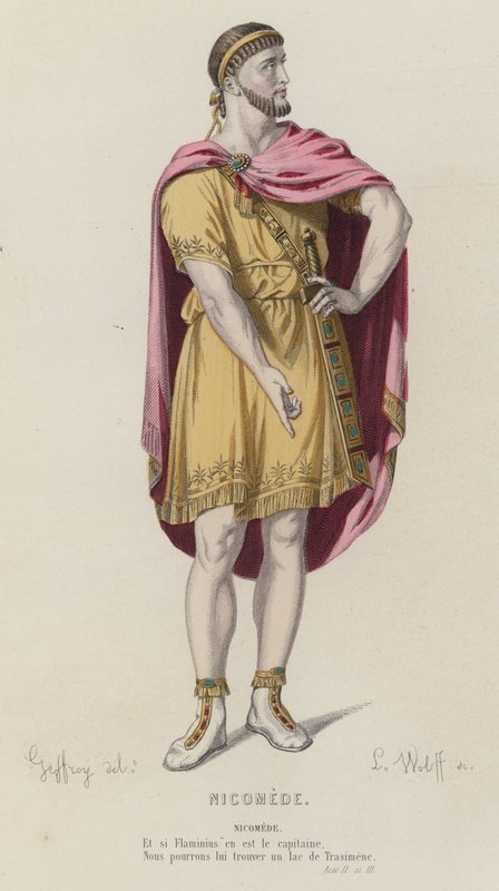 Corneille, Nicomede, akt II, Sc III (farvet gravering) af French School