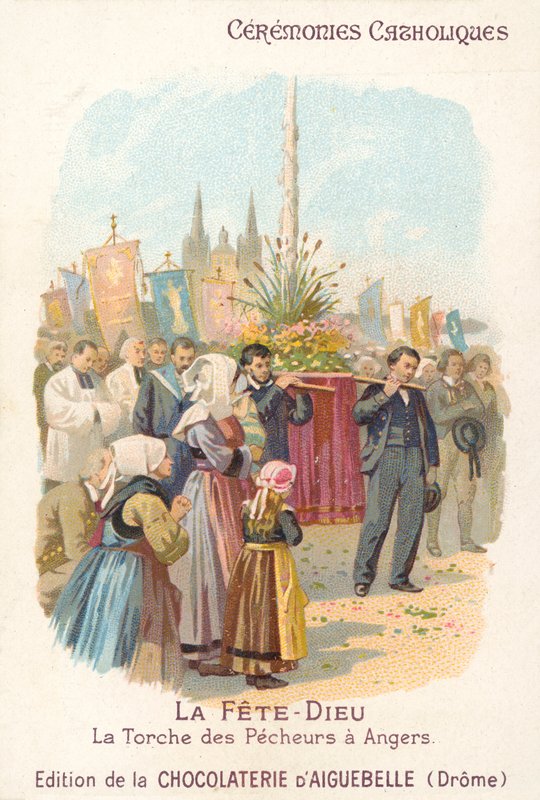 Corpus Christi procession af fiskerne fra Angers, Frankrig (chromolitho) af French School