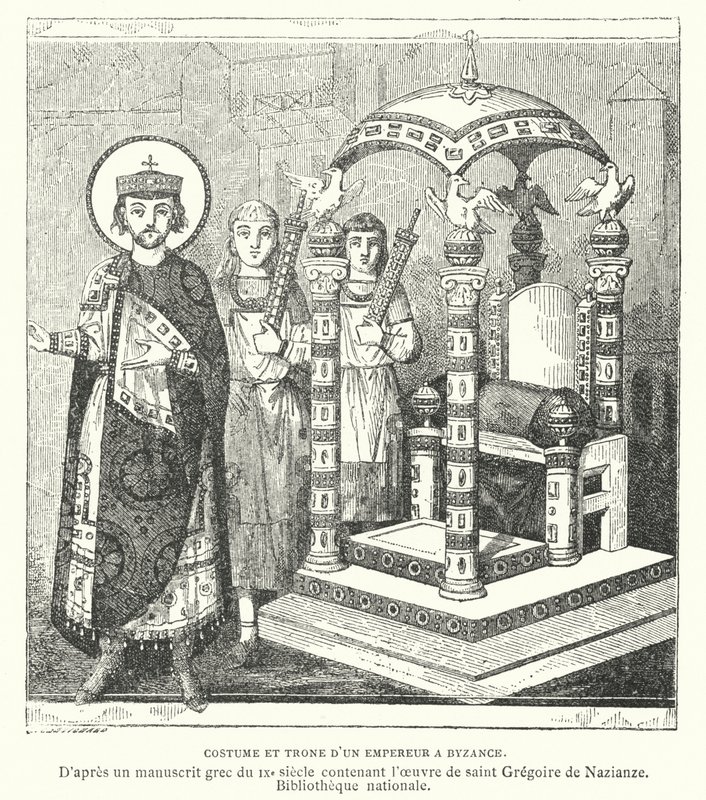 Kostume og trone af en byzantinsk kejser, 9. århundrede (gravering) af French School