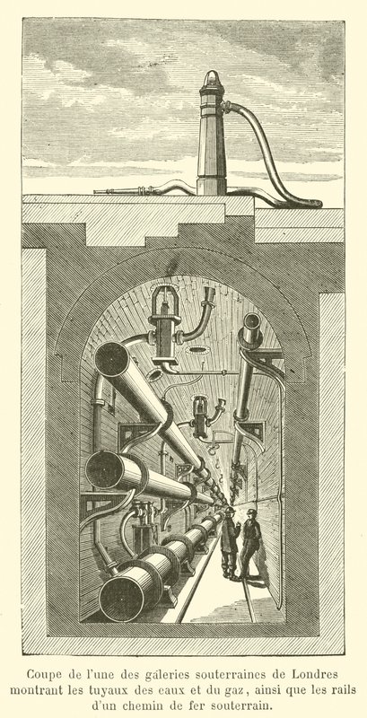 Udsnit af et af Londons underjordiske gallerier, der viser vand- og gasrørene (gravering) af French School