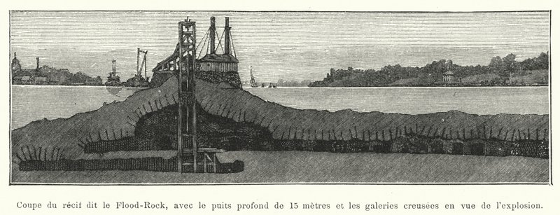 Sektion af revet kaldet Flood-Rock, med den 15 meter dybe brønd og gallerierne gravet til eksplosionen (gravering) af French School