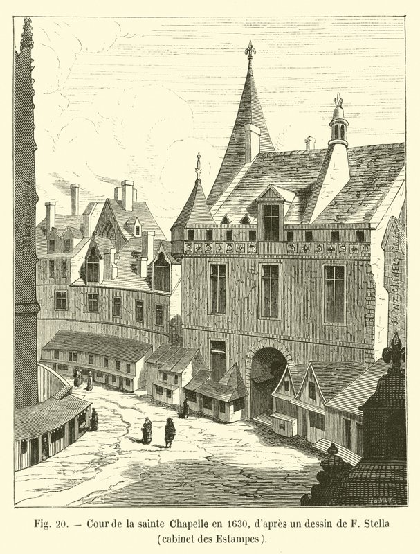 Gården til Sainte Chapelle i 1630, efter en tegning af F Stella, Cabinet des Estampes af French School