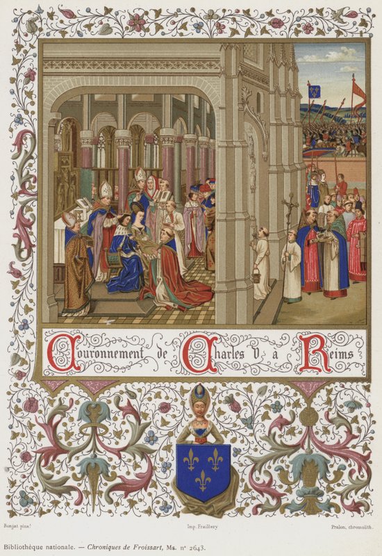 Kroningen af ​​Charles V i Reims (chromolitho) af French School