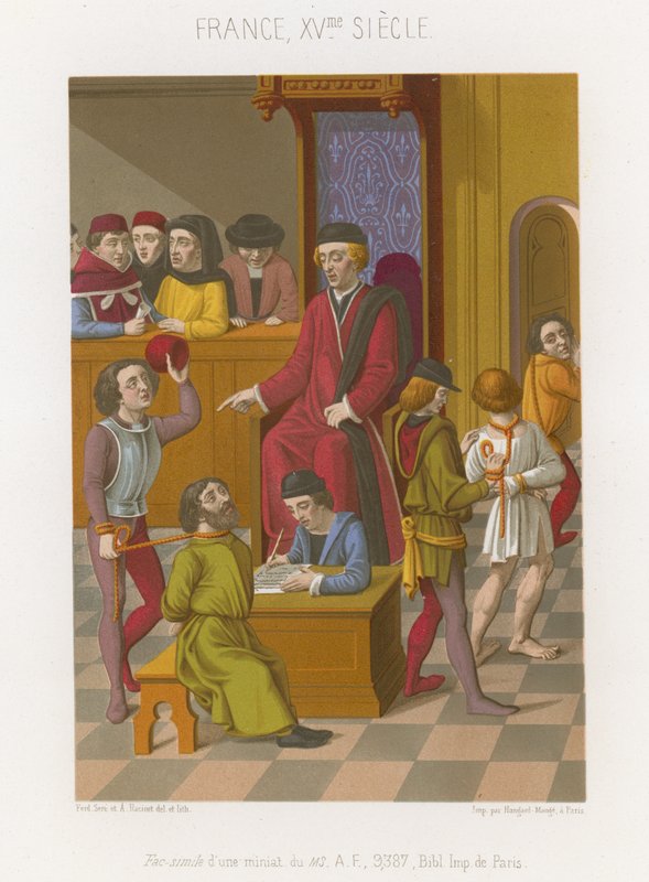 Retssalsscene med en mand, der holdes af et reb om halsen af French School