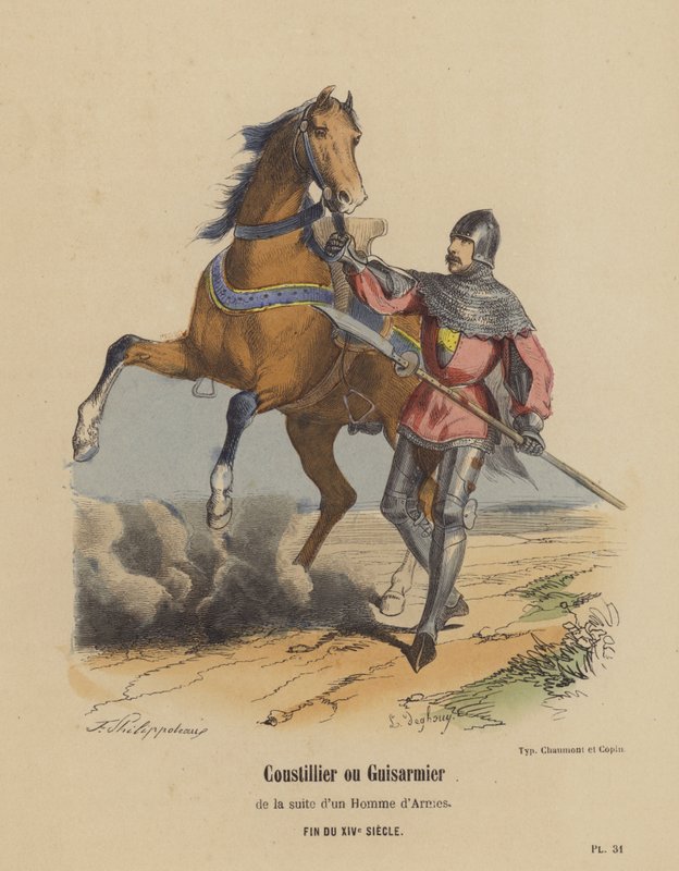 Coustillier eller Guisarmier i Suite of a Man-at-Arms, slutningen af ​​det 14. århundrede (farvet gravering) af French School