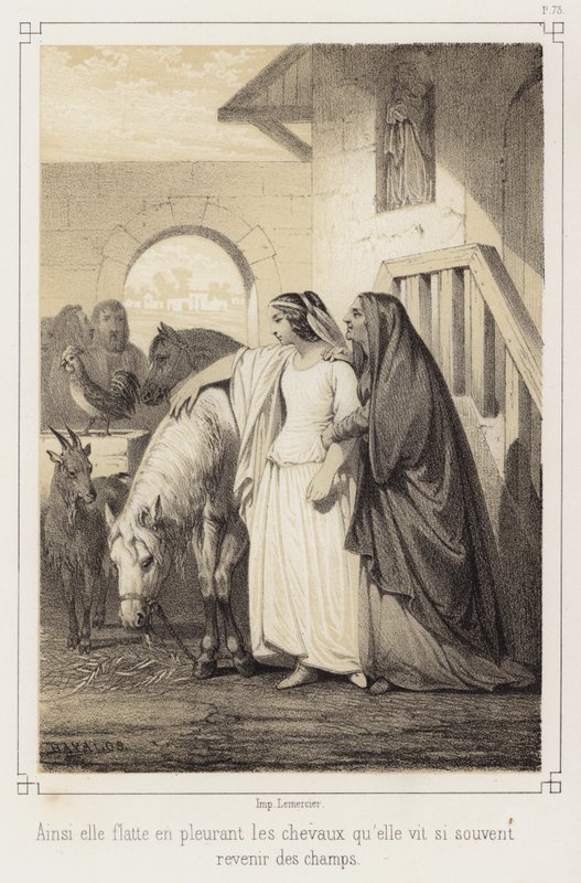 Grædende strøg hun de heste, som hun så ofte så vende tilbage fra markerne (litho) af French School