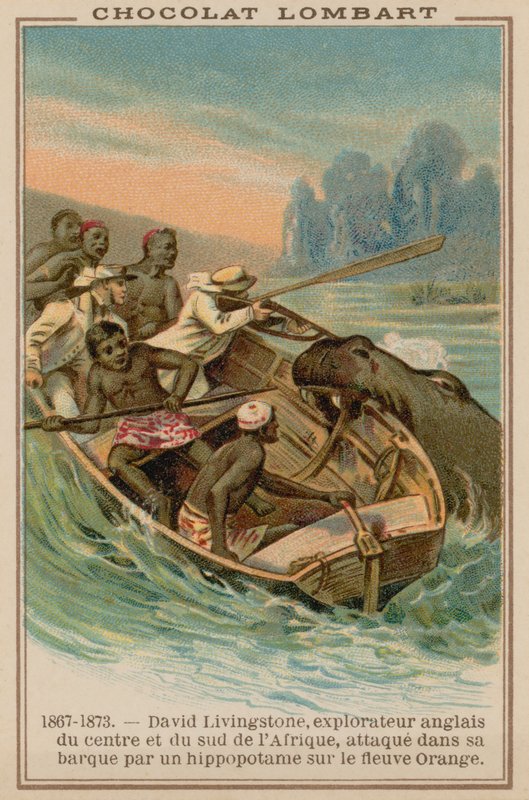 David Livingstones båd bliver angrebet af en flodhest på Orange River, Afrika, 1867-1873 af French School