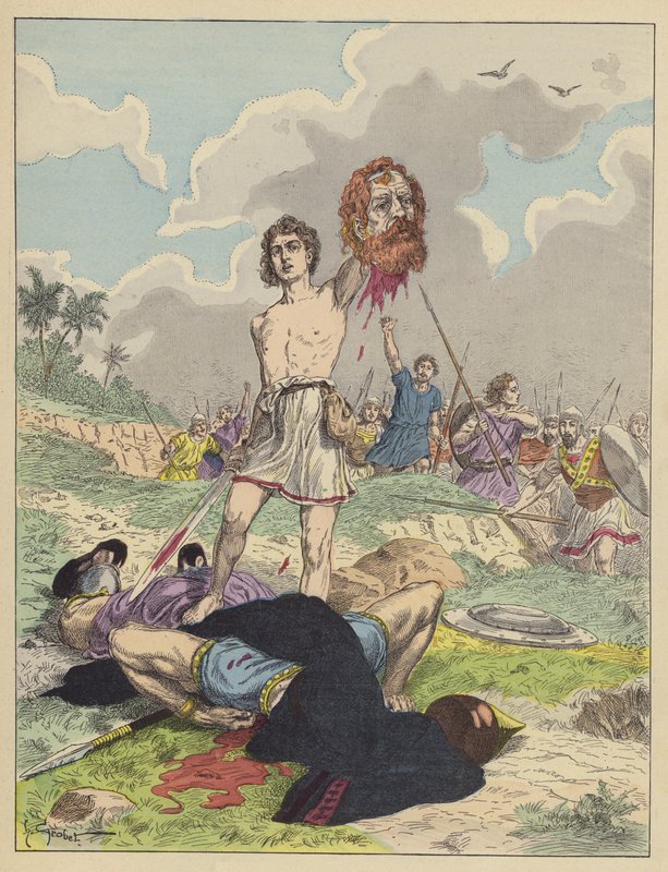 David med Goliats hoved (farve litho) af French School