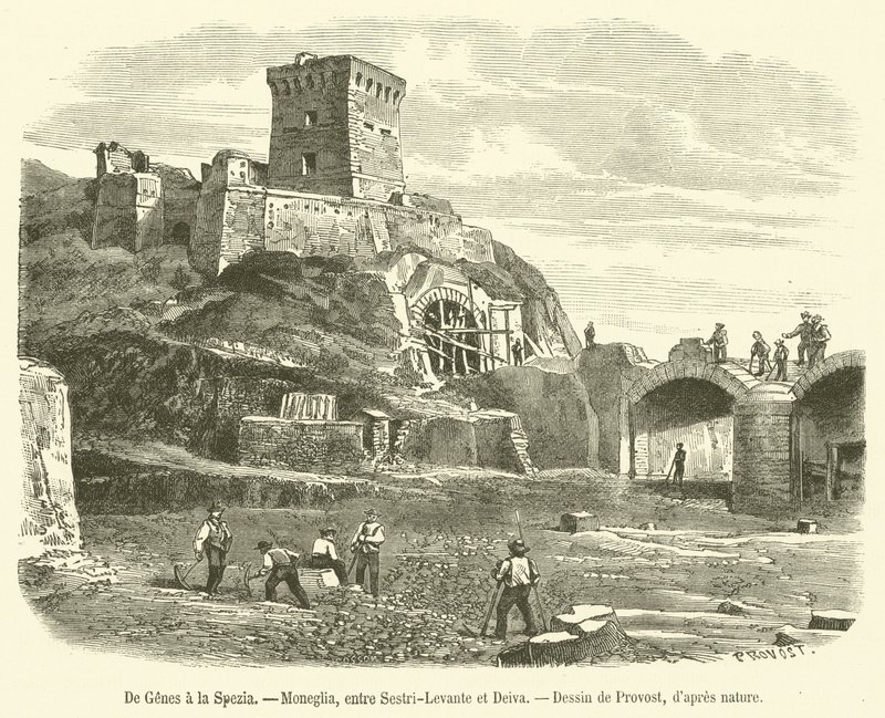 De Genes i La Spezia, Moneglia, mellem Sestri-Levante og Deiva (gravering) af French School