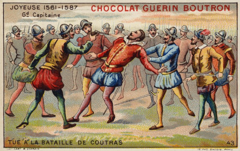 Anne, hertug af Joyeuse, døde i slaget ved Coutras (chromolitho) af French School