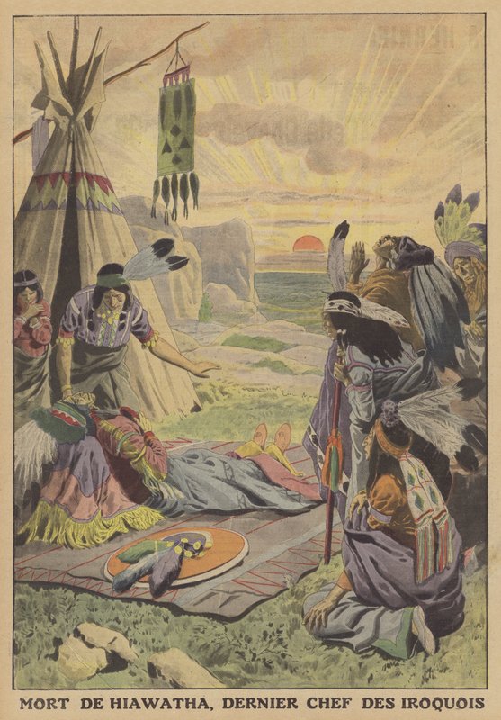 Hiawathas død, sidste høvding for Iroquois (farve litho) af French School