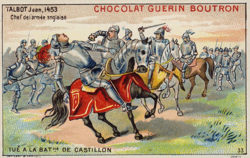John Talbots død i slaget ved Castillon (chromolitho) af French School