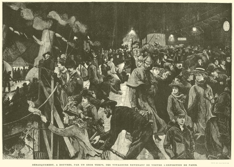 Landing, i Dover, i hårdt vejr, af rejsende, der vender tilbage fra besøg på Paris-udstillingen (gravering) af French School