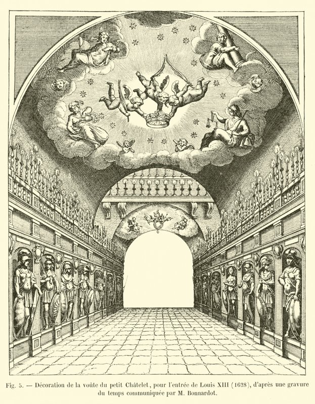 Udsmykning af hvælvingen i Petit Chatelet, til indgangen til Ludvig XIII, 1628, efter en gravering af tiden meddelt af M Bonnardot af French School