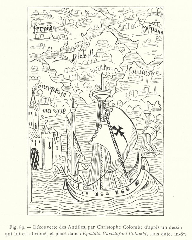 Discovery of the West Indies, af Christopher Columbus; efter en tegning tilskrevet ham og placeret i Epistola Christofori Columbi, udateret, in-8o (gravering) af French School